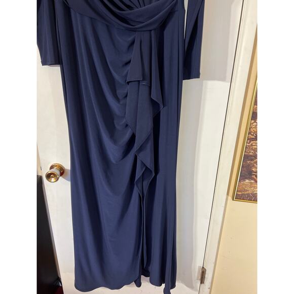 Betsy & Adam Navy Stretch V Neck Long Sleeve Ruffle Prom Maxi Dress Womens 16 - Picture 7 of 12